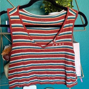 Roxy Striped Ribbed Notch Crop Tank Top Multicolor Surfwear Summer Beach Coastal